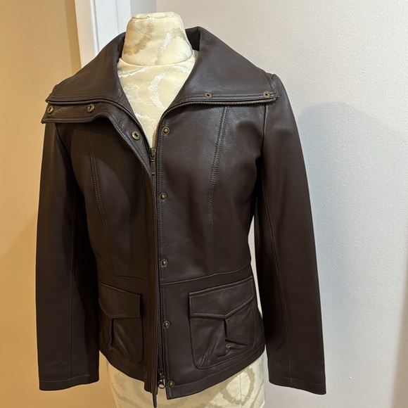 Alfani Dark Brown Genuine Leather Urban High Collar Pockets Snap Zip Up Jacket P - Picture 1 of 15